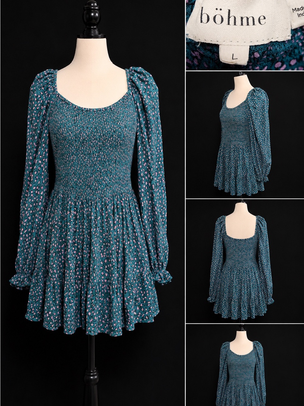 böhme Teal Floral Smocked Midi Dress